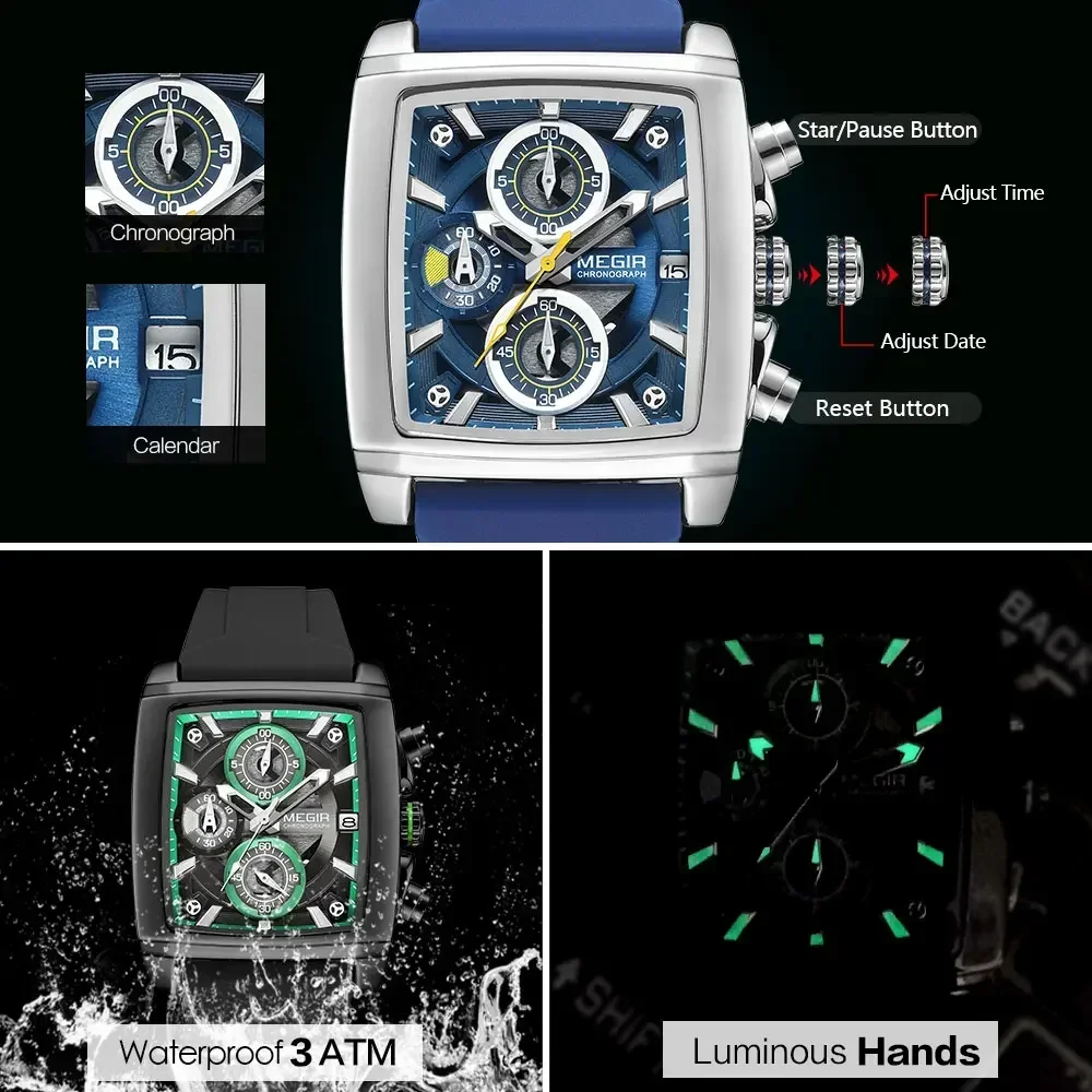 MEGIR военные спортивные желтые часы для мужчин модные прямоугольные кварцевые