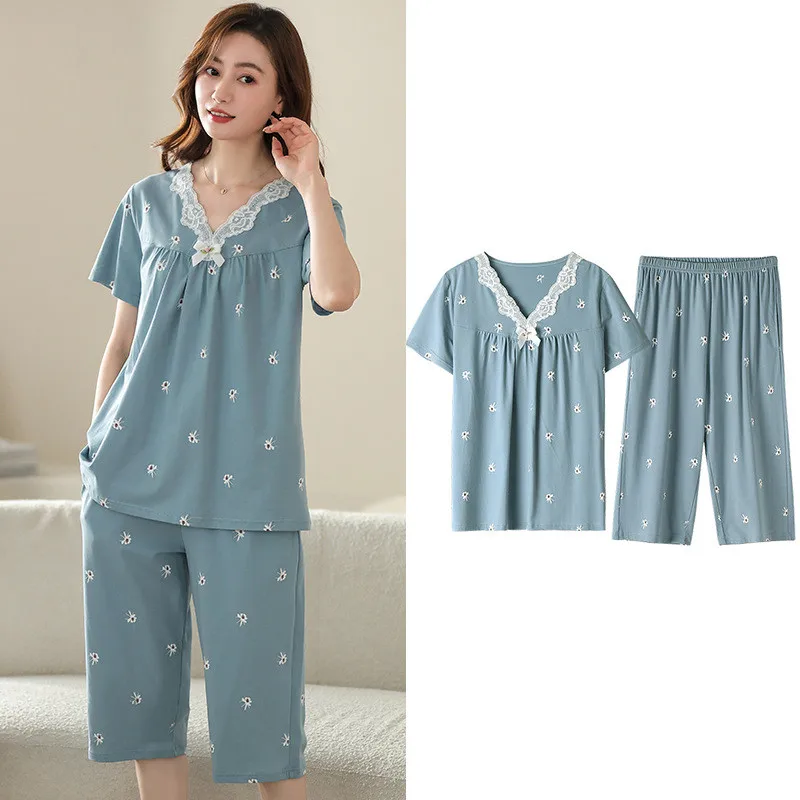 

Fdfklak Pajamas Women Summer Modal Short-Sleeved Cropped Pants Suit Middle-Aged Mother Home Clothes Loose V Neck Pijama Mujer