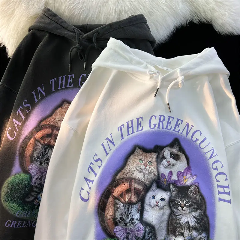 

Personalized fashion cotton Vintage American style cat hoodie Men's and women's ins lazy style OverSize couple's pullover hoodie