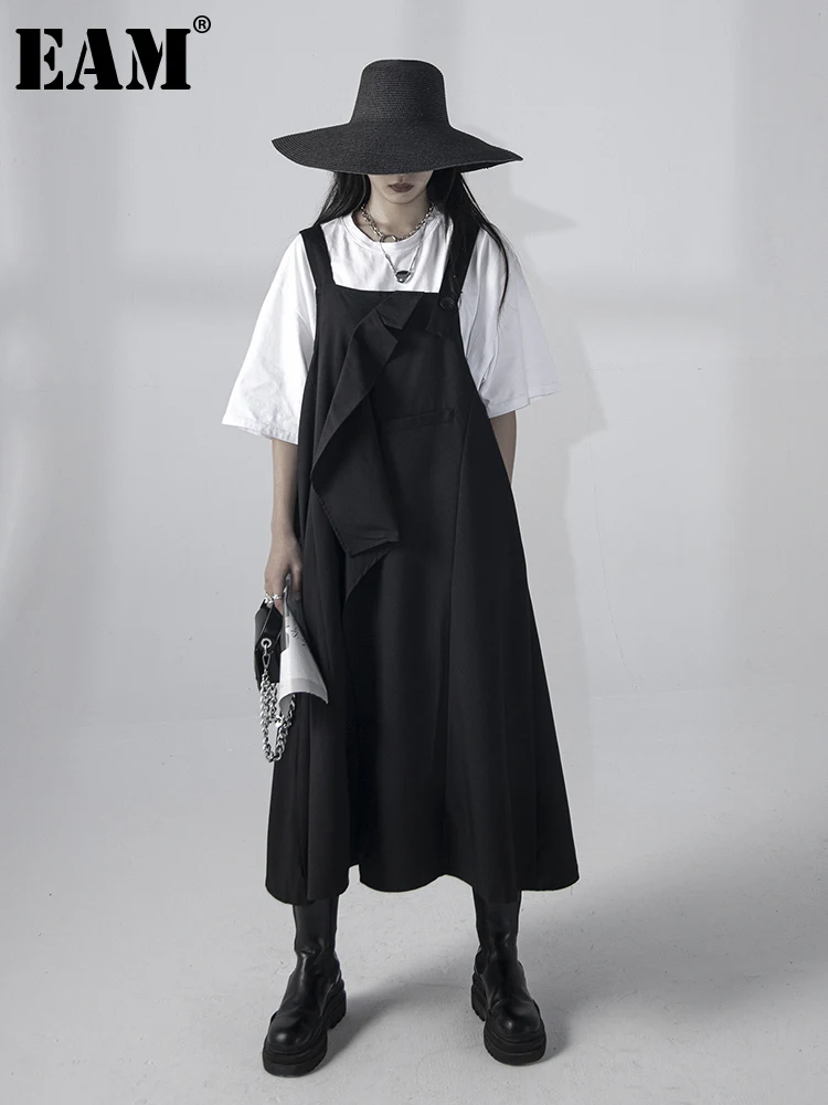 

[EAM] Women Black Big Size Long Casual Strap Dress New Square Collar Sleeveless Loose Fit Fashion Spring Autumn 2022 1DE7269