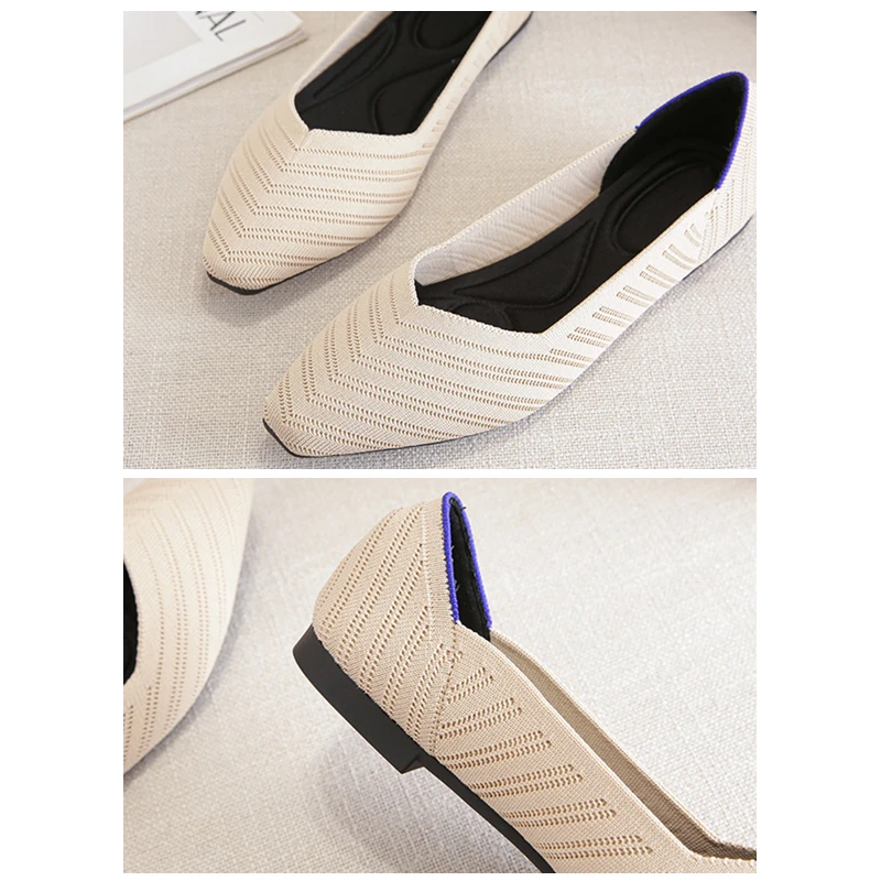 Women's Square Toe Mixed Color Flats Knitting Elastic Comfortable Ballet Shoes Women's Flat Breathable Spring Autumn Single Shoe