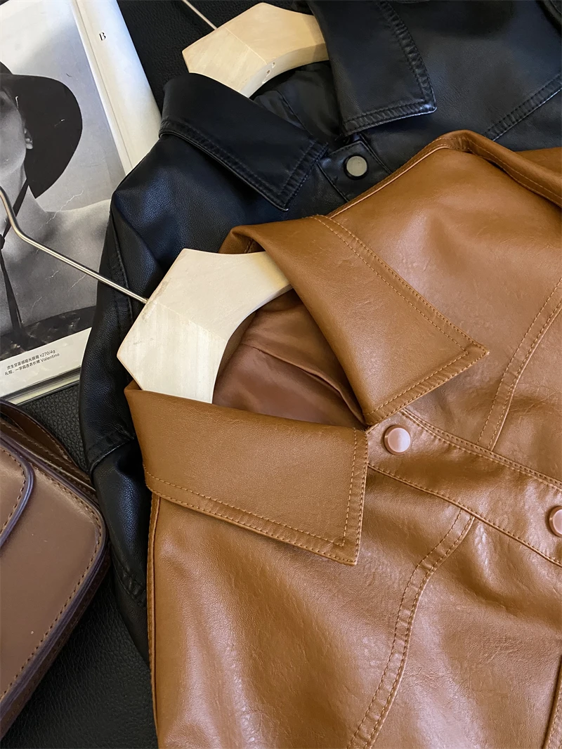 brown short women leather top girl slim Vintage short high lapel pocket leather jacket jacket women
