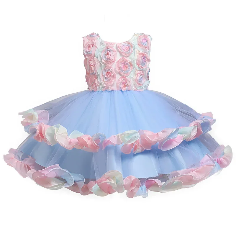 

Kids Birthday Party Flower Girls for Wedding Elegant Festive Ball Gown Dresses 2 to 10 Years Children Pink Tulle Rainbow Clothes