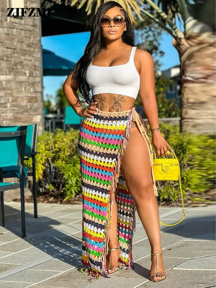 

Женская пляжная юбка макси в радужную полоску, с высокой талией и разрезом сбоку