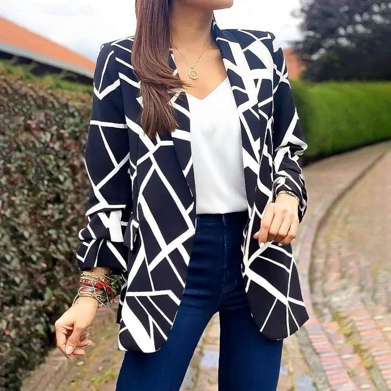 2023 Women Blazer Spring Autumn Fashion Basic Geometrical Print Coat Long Sleeve Cardigan Female Clothing Causal
