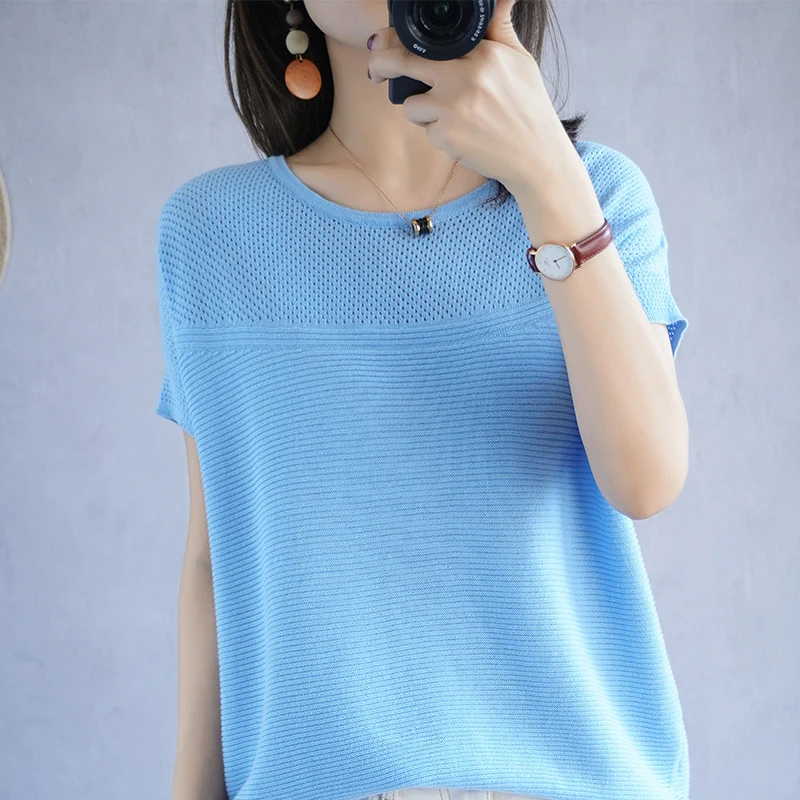 YSC 2022 летние женские свитера из 100% чистого хлопка круглый вырез короткий рукав