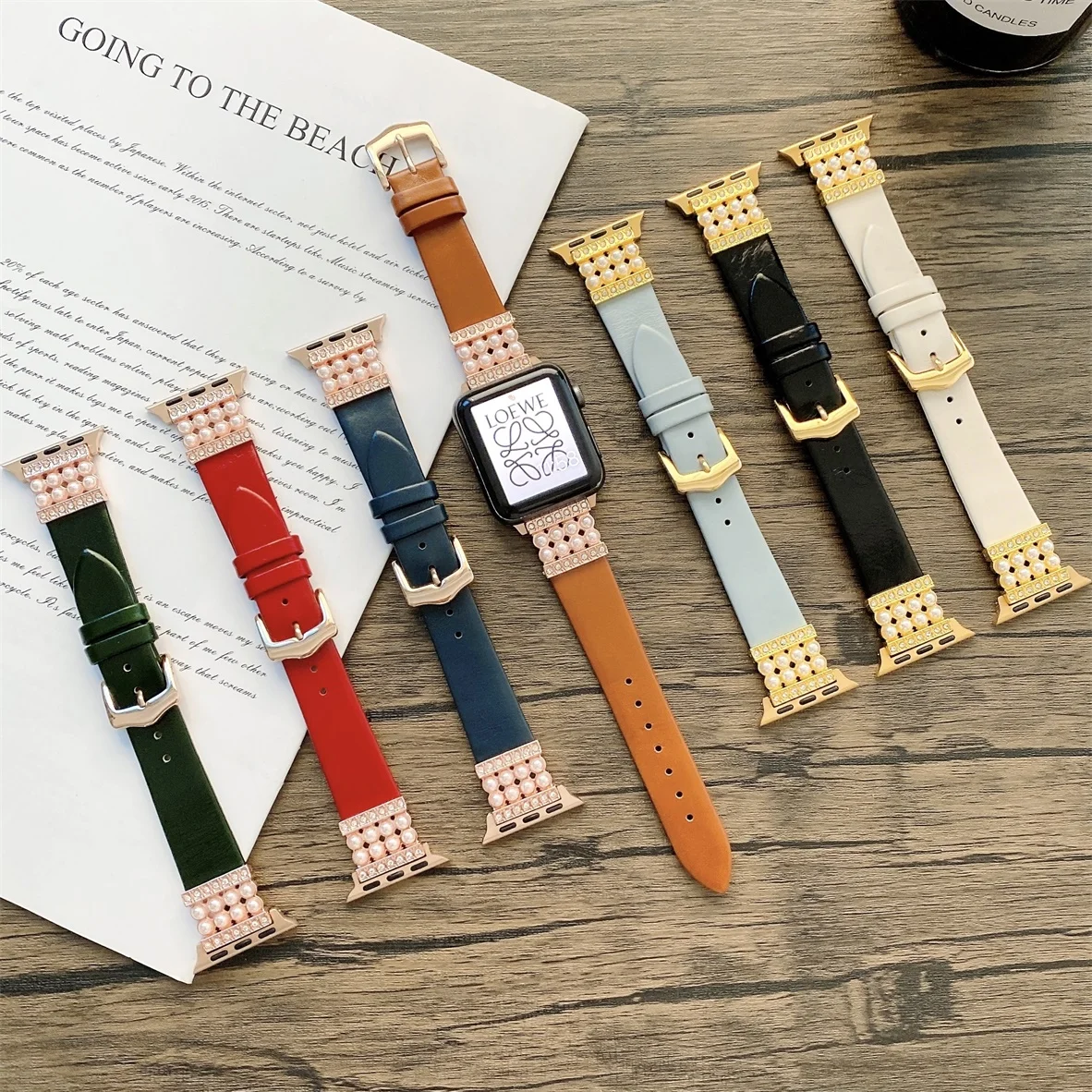 

New Band for Apple Watch Series 7 6 5 4 3 SE Sport Genuine Leather Strap for iWatch Wrist splicing Closure Handmade with Pearls