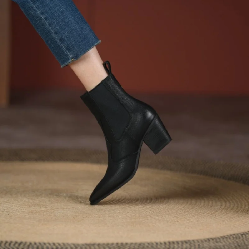 NEW Fall/Winter Women Shoes Pointed Toe Chunky Heel Boots Genuine Leather Black Boots for Women Fashion Hight Heel Modern Boots