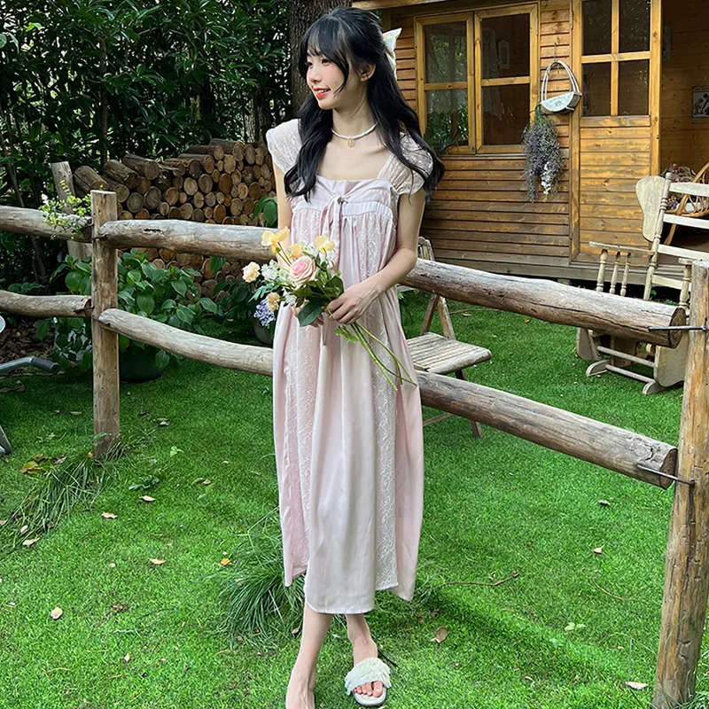 Long Nightgown Summer Female French Court Style Nightdress Sleepwear Sexy Lace Nightdress Home Dressing Gown Loose Lounge Wear