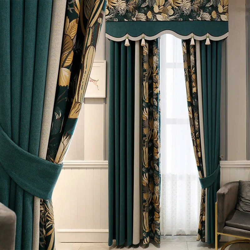 

Dark Green American Retro Light Luxury European Curtains for Living Room High-grade Atmospheric Bedroom Blackout Chenille Fabric