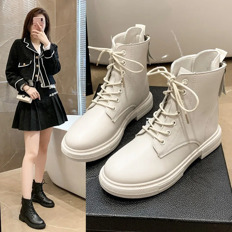 2022 Winter Ankle Boots Women Platform Leather Round Toe Side Zipper Lace-Up Ladies Non-slip Thoes Handmade Motorcycle Boots