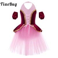 kids girls ballet dance dress shiny sequins ballroom waltz dance mesh tutu dress sleeveless stage performance costume with cuffs