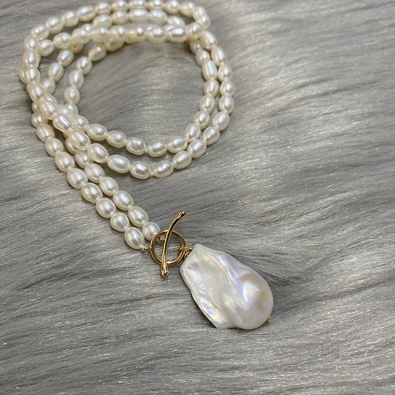 L. Рубиновая вода жемчужные рисовые бусины в стиле барокко длинное ожерелье с