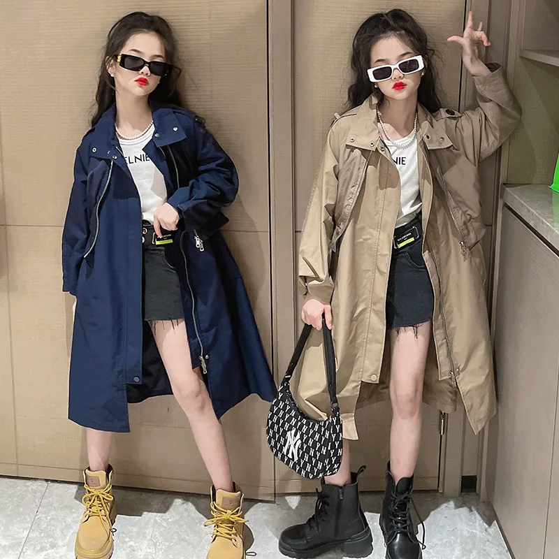 

Тренчкот для девочек-подростков, модная длинная куртка на молнии с имитацией двух предметов, в британском стиле, цвета хаки, на весну и осень