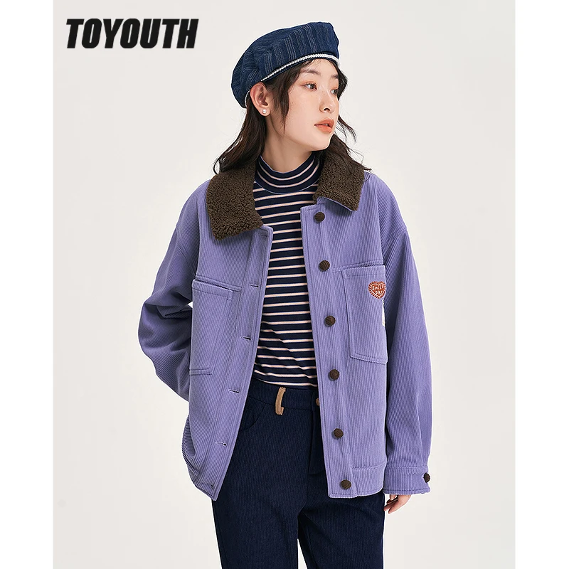 Toyouth Women Corduroy Coat 2022 Winter Long Sleeve Polo Neck Loose Jacket Graphic Print Streetwear Warm Casual Outwear Tops