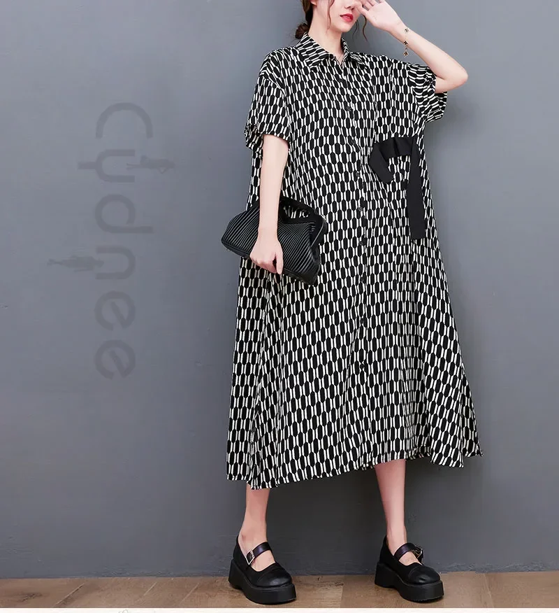 Черное и белое платье-рубашка в клетку стиле ретро с рукавами летучая мышь
