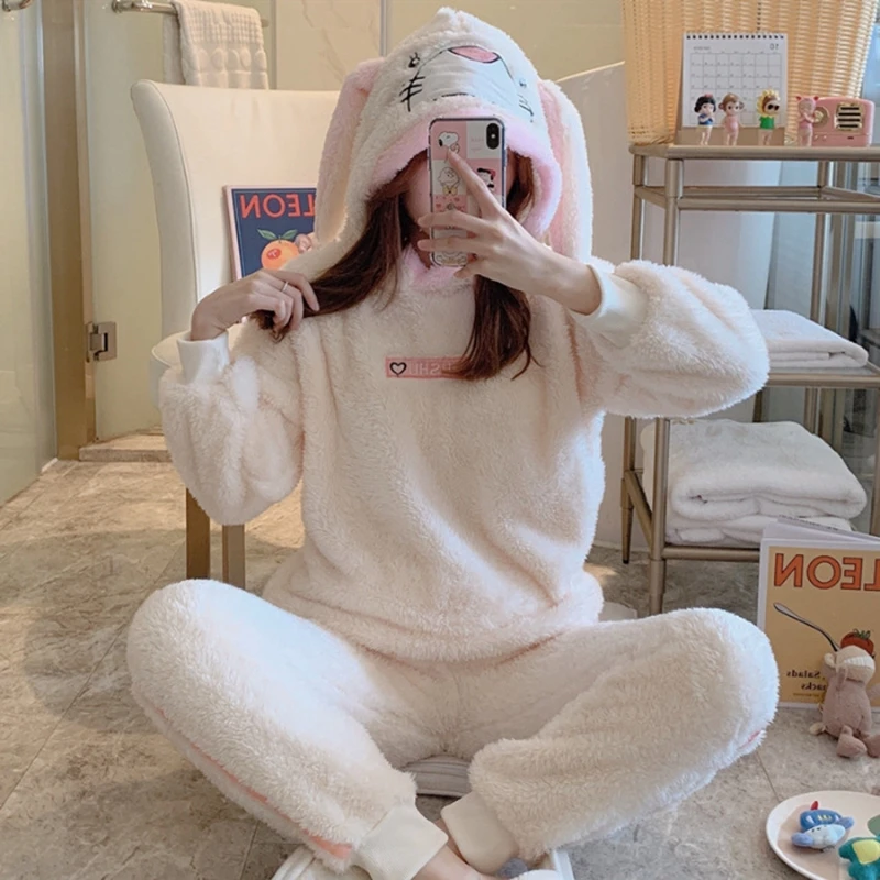 

New Pajamas Women's Winter Coral Fleece Plush Thickened Korean Version Cute Cartoon Pullover Comfortable Loungewear Set