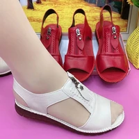 2022 new summer women flat shoes leather anti slip female sandals ladies peep toe shoes breathable mom footwear big size 42 43