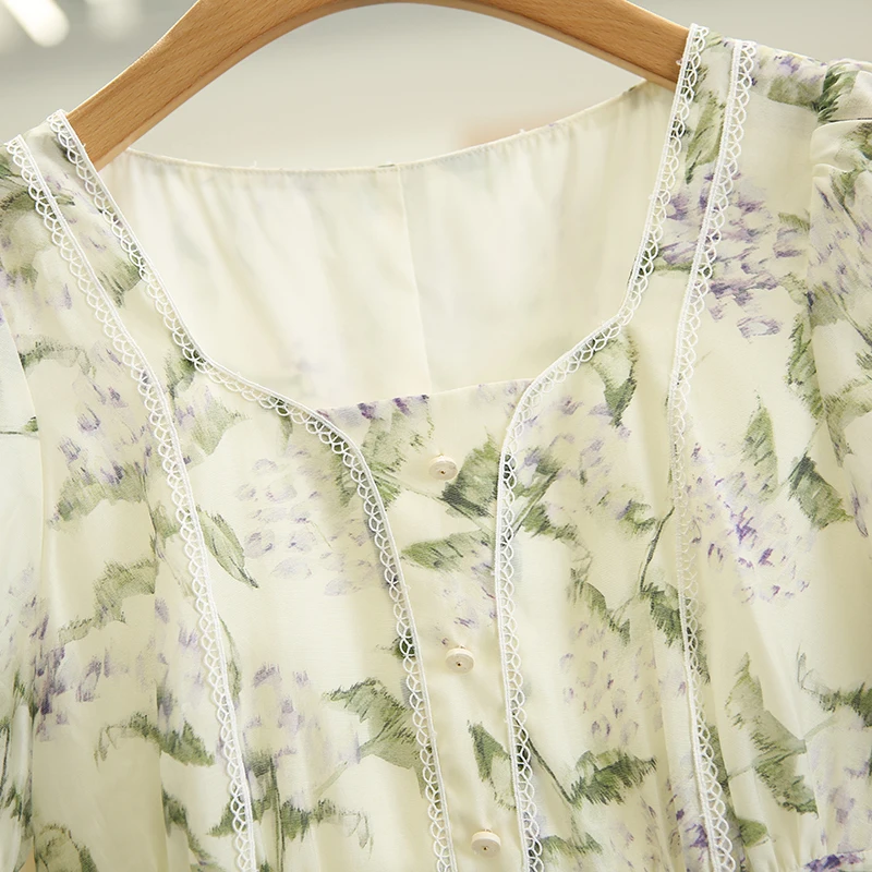 Платье с квадратным вырезом пышными рукавами и цветочным рисунком лето 599