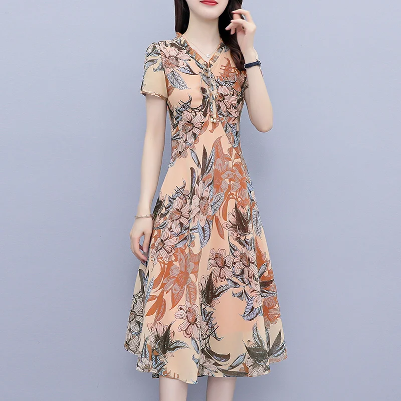 

Женское шифоновое платье с коротким рукавом, V-образным вырезом и цветочным принтом