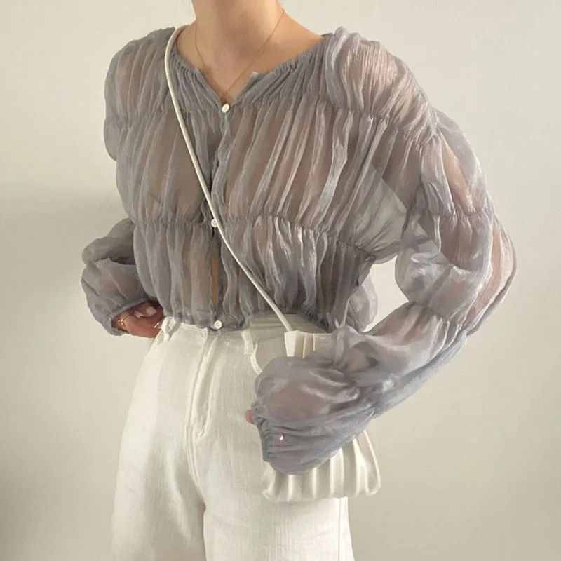 Женская шифоновая блузка с длинным рукавом Повседневная Свободная со складками