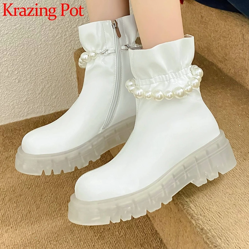 

Ботильоны Krazing Pot на толстом высоком каблуке, гофрированные полусапожки из воловьей кожи, с круглым носком, на молнии, со шнуровкой и бисером, большой размер