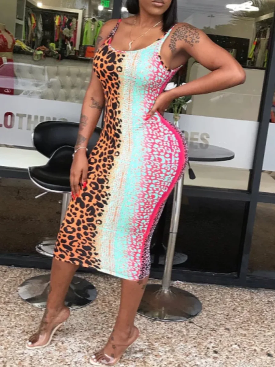 

LW Gradient Leopard Print Bodycon Cami Dress 2023 Summer Women Sexy Spaghetti Strap Skims Long Dress Y2k Sleeveless Maxi Dresses