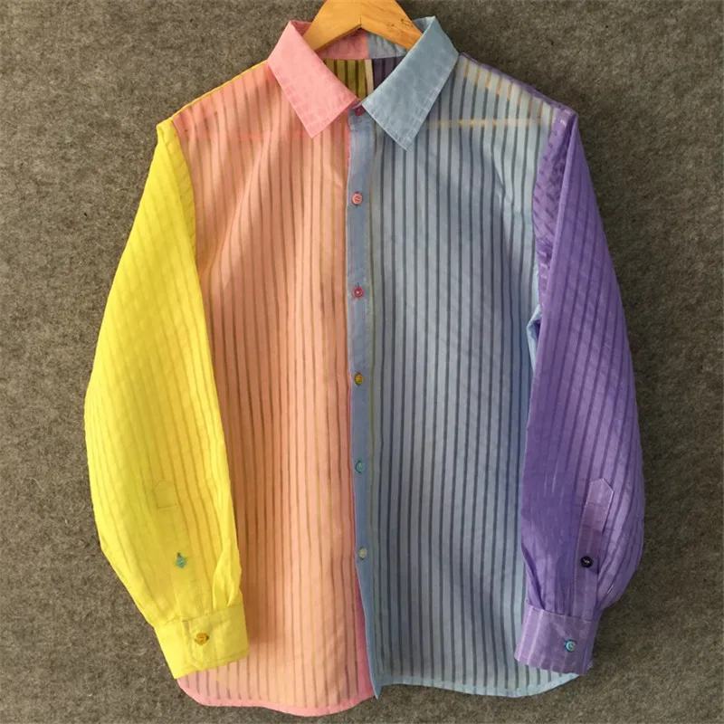 Striped see-through contrasting color Organza fashionable personality shirt, original design custom top