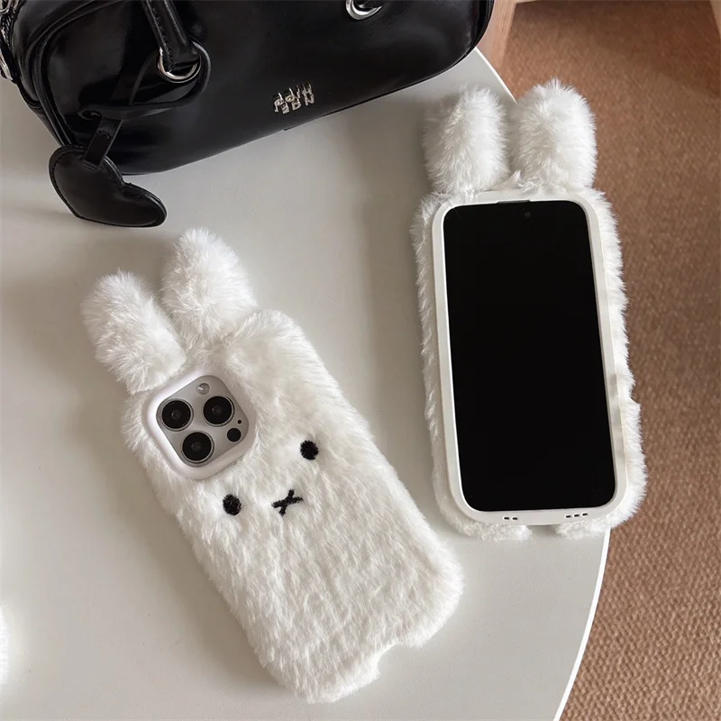 Теплый зимний плюшевый чехол для телефона с белым кроликом iPhone 13 14 15 16 pro max