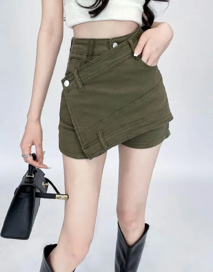 Women's Summer INS Spicy Girl A-line Pants Slim Fit High Waist Skirt Wide Leg Hot Pants High Quality Military Green Denim Shorts