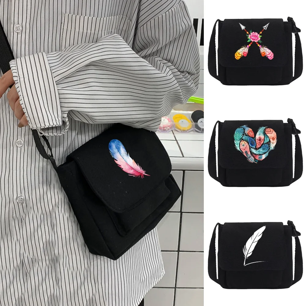 

Crossbody Bag Canvas Shoulder Packet Youth Casual Version Handbag Women Large Capacity Organizer Feather Print Messenger Bags