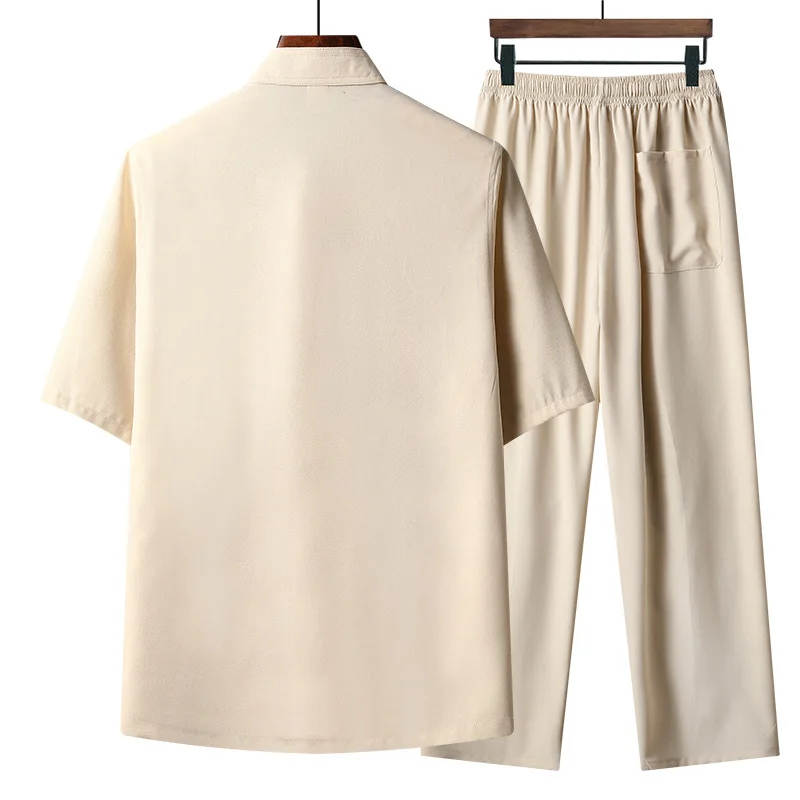 Middle-aged Summer Thin Cotton And Linen Short-sleeved Tang Coat Buckle Embroidery Vintage Dad Coat Loose Comfortable Casual Men