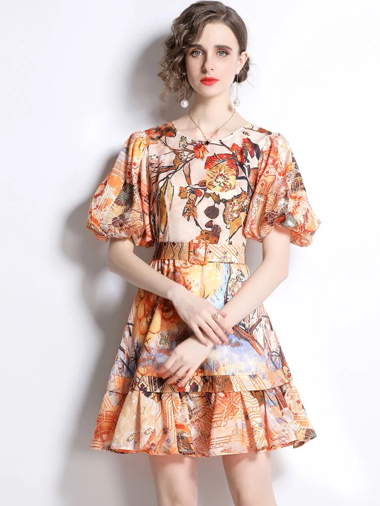 

Женское платье с круглым вырезом, коротким рукавом и принтом