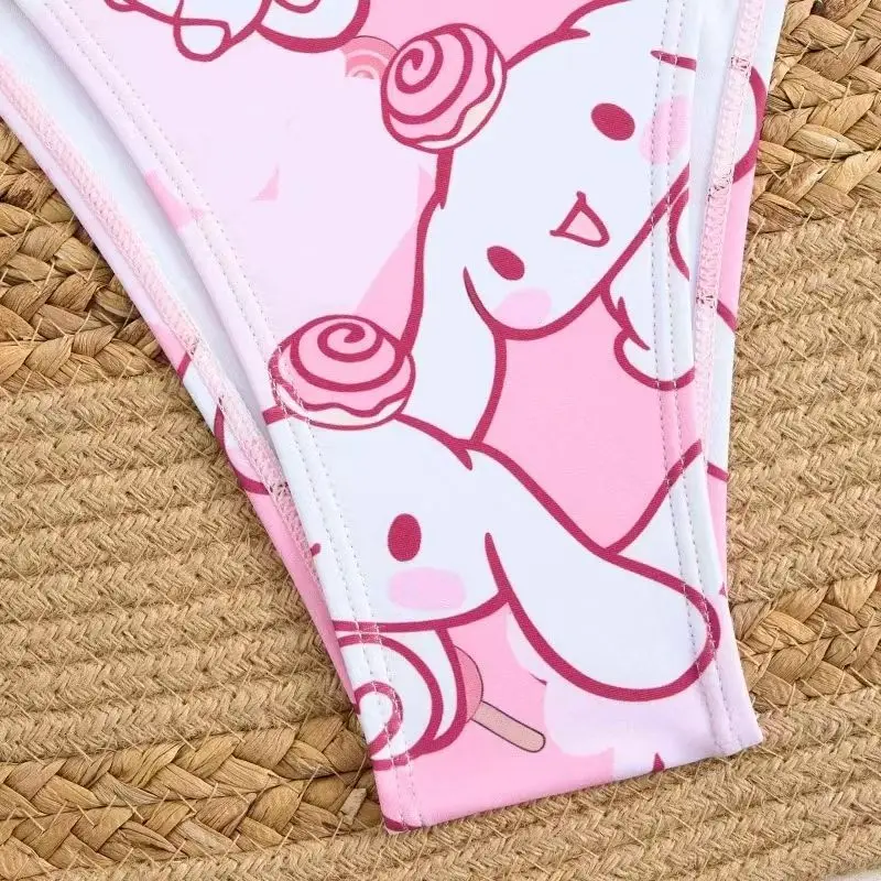 Фото Комплект бикини с мультяшным принтом Cinnamoroll, 2 шт., женский, розово-белый, с завязками на шее, треугольный купальник, раздельный купальный костюм с завязками по бокам, пляжная одежда №3