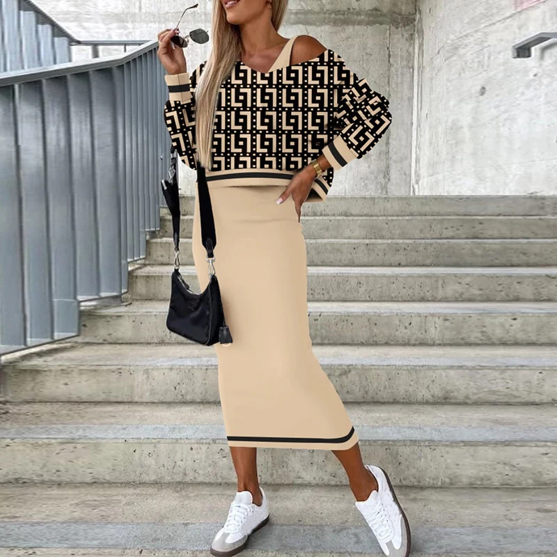 Женский костюм с винтажным принтом свободная блузка длинным рукавом облегающее