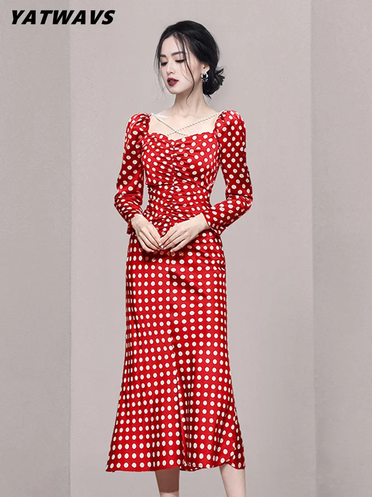 

Женское шифоновое платье в горошек, с квадратным вырезом и пышными рукавами