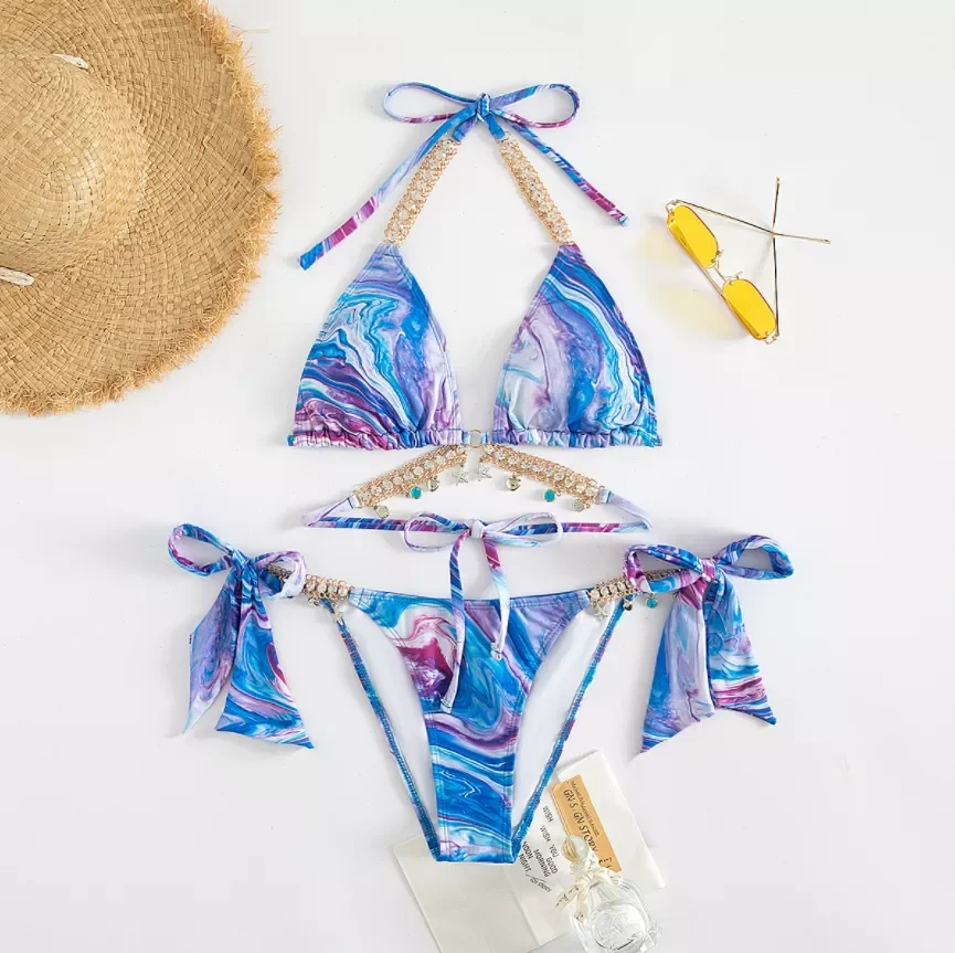 

Новинка 2021 г., женские сексуальные купальники бикини Стразы с лямкой на шее, комплект из двух предметов, бикини со стразами