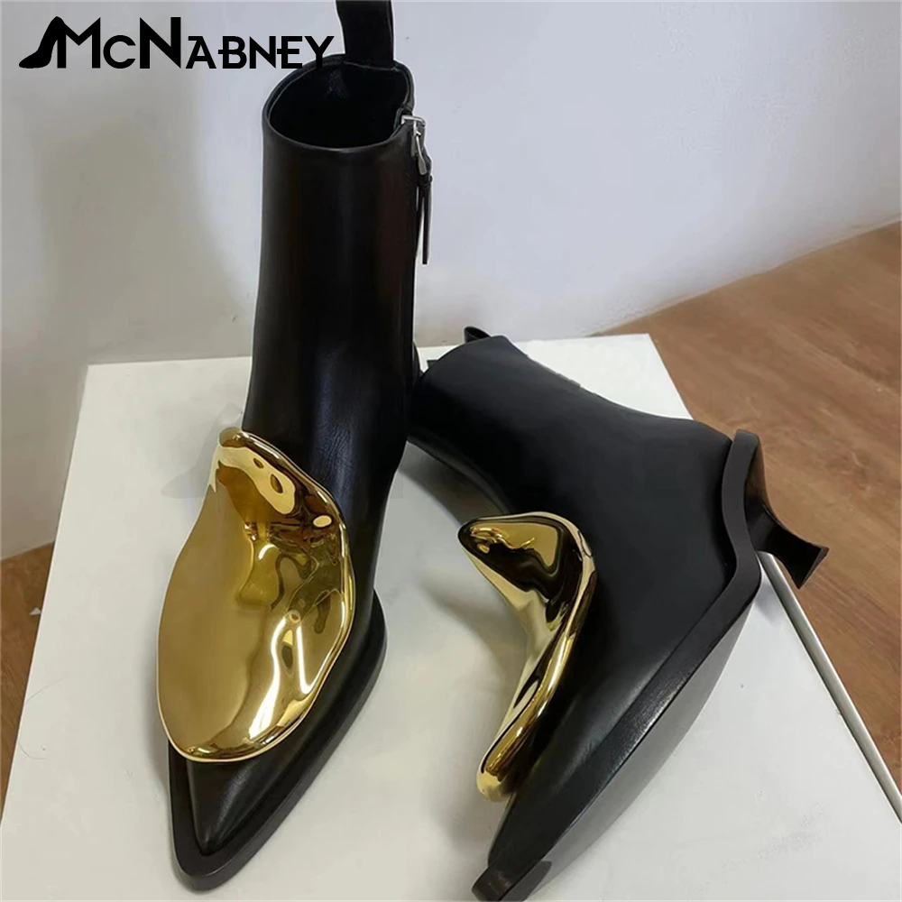 Metal Trim Black Leather Boots Pointed Toe Shaped Heel Ankle Boots Solid Color Zipper Short Boots Fashion Sexy Women High Heels