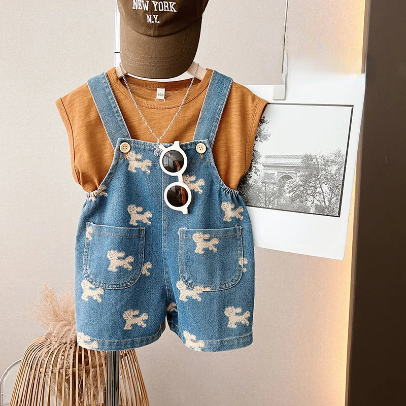 

Boy And Girl 2 Pieces Denim Sets Summer Cotton T-Shirts And Cartoon Printed Jumpsuits Kids Children Clothing Suits