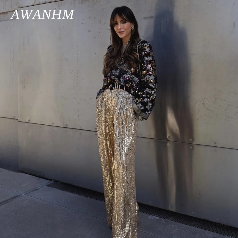 

Брюки женские блестящие универсальные с блестками, праздничные светлые модные городские повседневные штаны с широкими штанинами для танце...