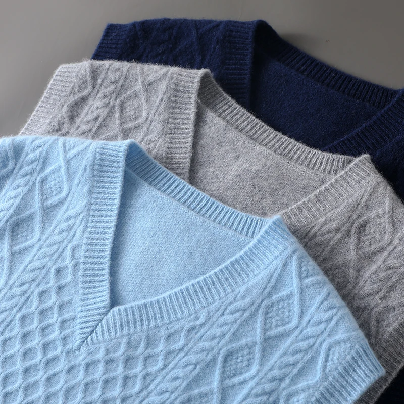 Мужская жилетка из 100% чистой шерсти пуловер без рукавов с V-образным вырезом