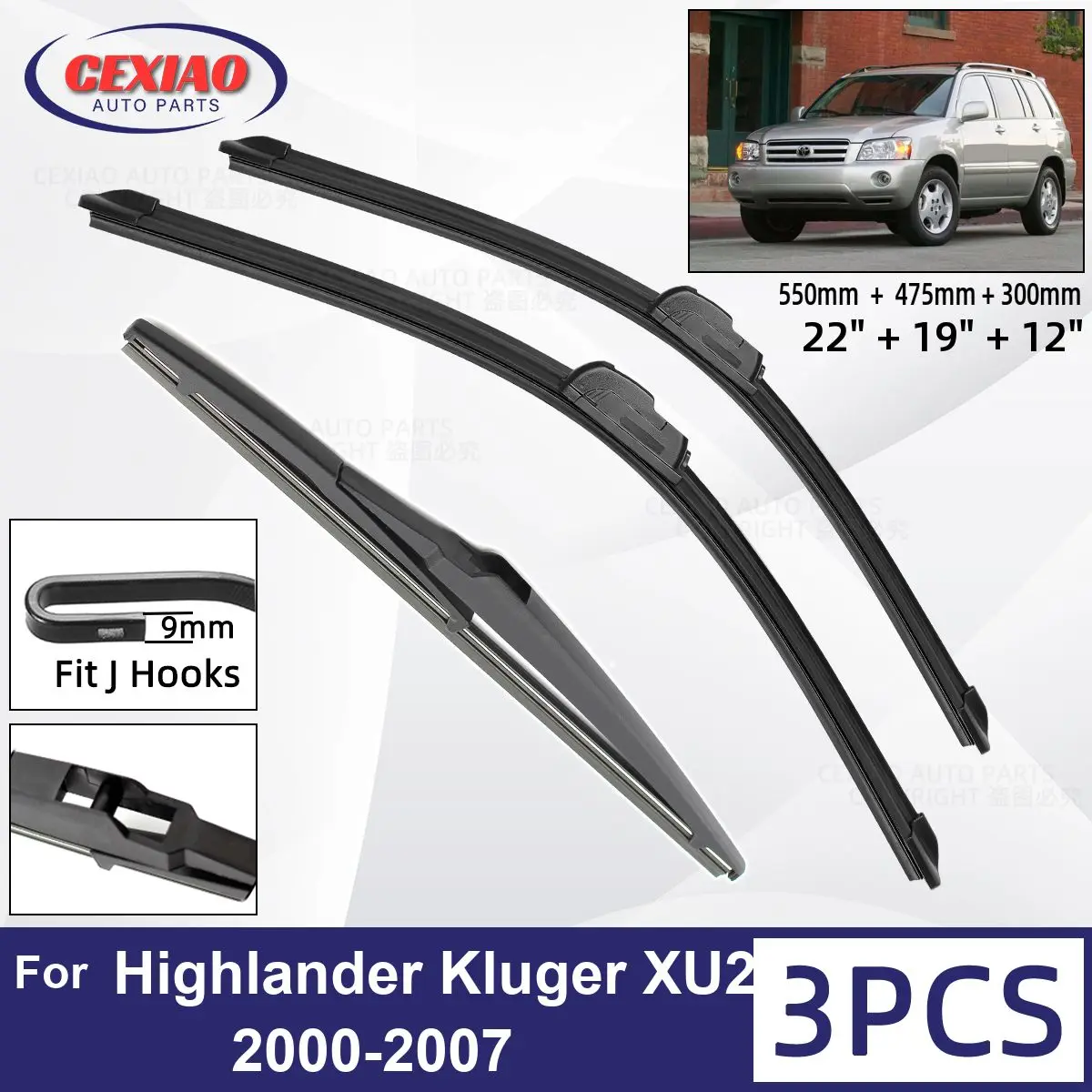 

For Toyota Highlander Kluger XU20 2000-2007 Car Front Rear Wiper Blades Soft Rubber Windscreen Wipers Auto Windshield 22"19"12"