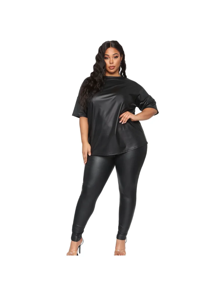 Plus Size Sets O-Neck Solid Short Sleeve Slim Fit Ankle-Length Plus Size 2 Piece Set Women Plus Size Women Clothing Office Lady