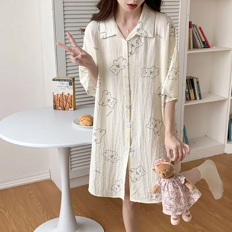 Cute nightgown female summer leisure big yards dress with short sleeves bubble cotton pajamas sleep long the shirt dress