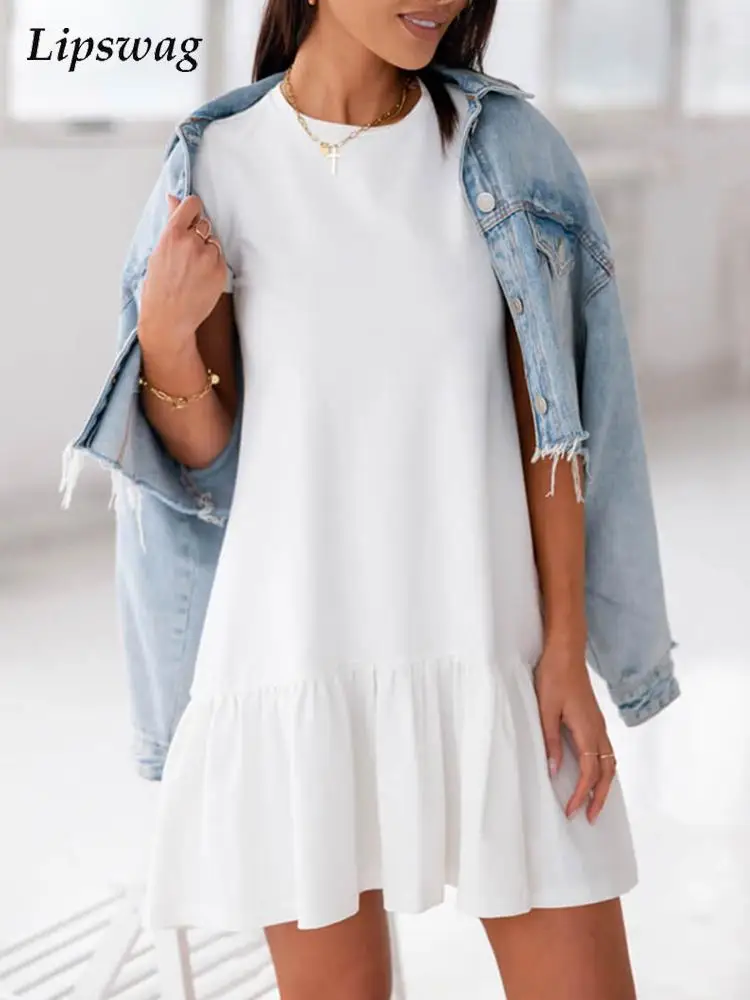 

Женское элегантное однотонное платье Вечерние коротким рукавом, новое повседневное офисное мини-платье с круглым вырезом, модное свободно...