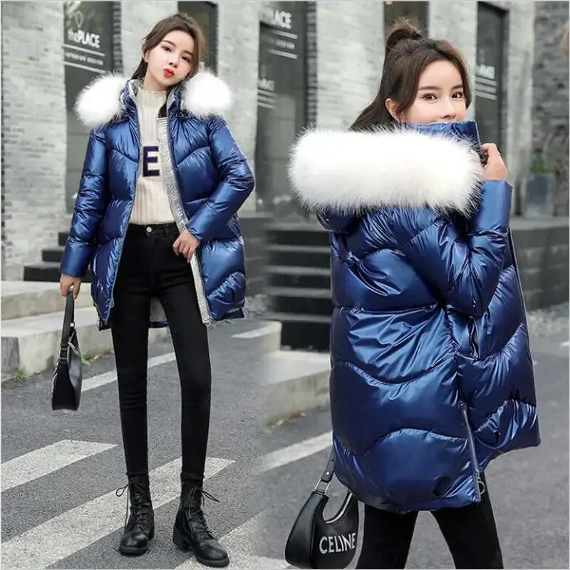 New 2023 Winter Women's Parka Fur Collar Hooded Coat Female Jacket Long Casual Thick Warm Ladies Parkas Snow Wear Silver