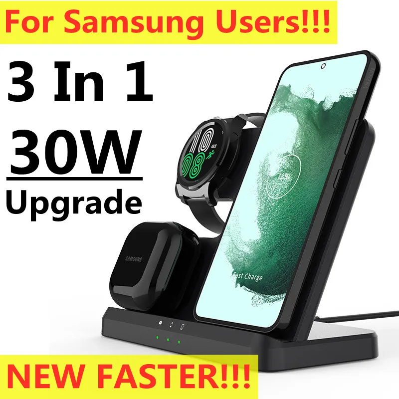 

30W 3 in 1 Wireless Charger Stand for Samsung S22 S21 S20 Galaxy Watch 5 4 3 Classic Active 2 Buds Qi Fast Charging Dock Station