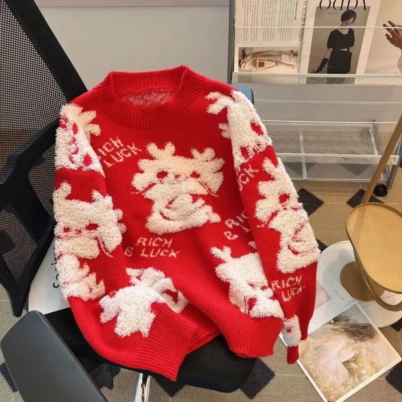 

Женский винтажный кашемировый свитер, Свободный пуловер с длинным рукавом и круглым вырезом, трикотажный джемпер, одежда для рождества, Осень-зима