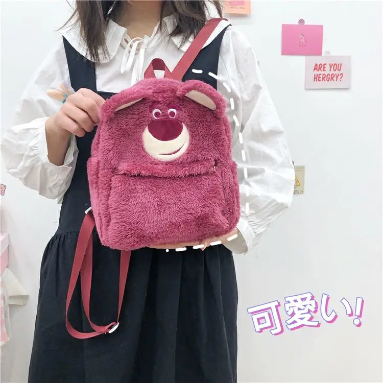 Disney Strawberry Bear Student Cute Plush Girl Heart Waterproof Backpack Gentle Sweet Adjustable Zipper Travel Backpack