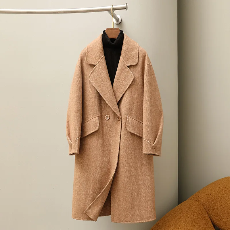 

Женское твидовое пальто ручной работы, повседневное двухстороннее флисовое пальто с длинным воротником, шерстяное пальто, модель f2023 на осень